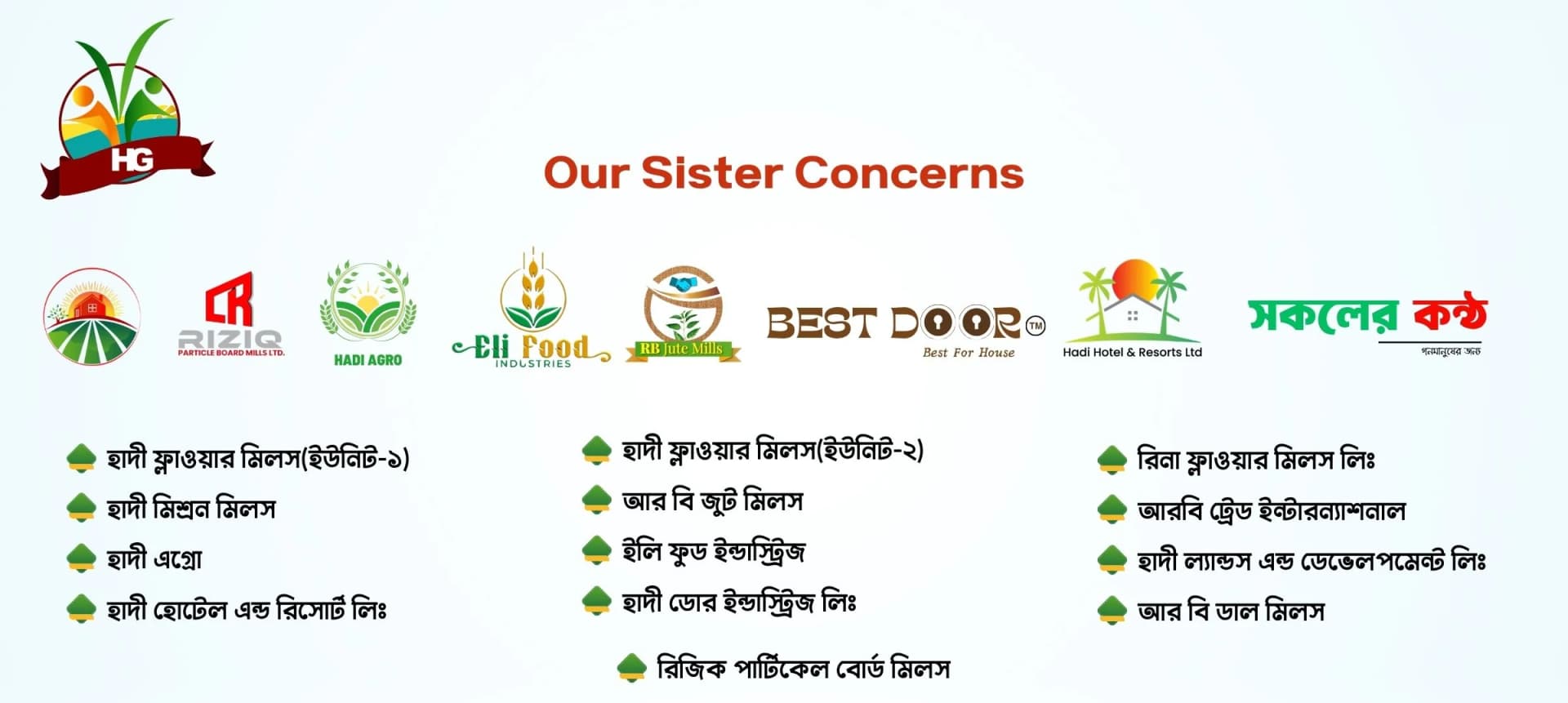 হাদী গ্রুপের প্রতিষ্ঠানসমূহ: হাদী ফ্লাওয়ার মিলস (ইউনিট-১), হাদী ফ্লাওয়ার মিলস (ইউনিট-২), রিনা ফ্লাওয়ার মিলস লিঃ, হাদী মিশ্রন মিলস, আর বি জুট মিলস, আরবি ট্রেড ইন্টারন্যাশনাল, হাদী এগ্রো, ইলি ফুড ইন্ডাস্ট্রিজ, হাদী ল্যান্ডস এন্ড ডেভেলপমেন্ট লিঃ, হাদী হোটেল এন্ড রিসোর্ট লিঃ, হাদী ডোর ইন্ডাস্ট্রিজ লিঃ, আর বি ডাল মিলস এবং রিজিক পার্টিকেল বোর্ড মিলস।